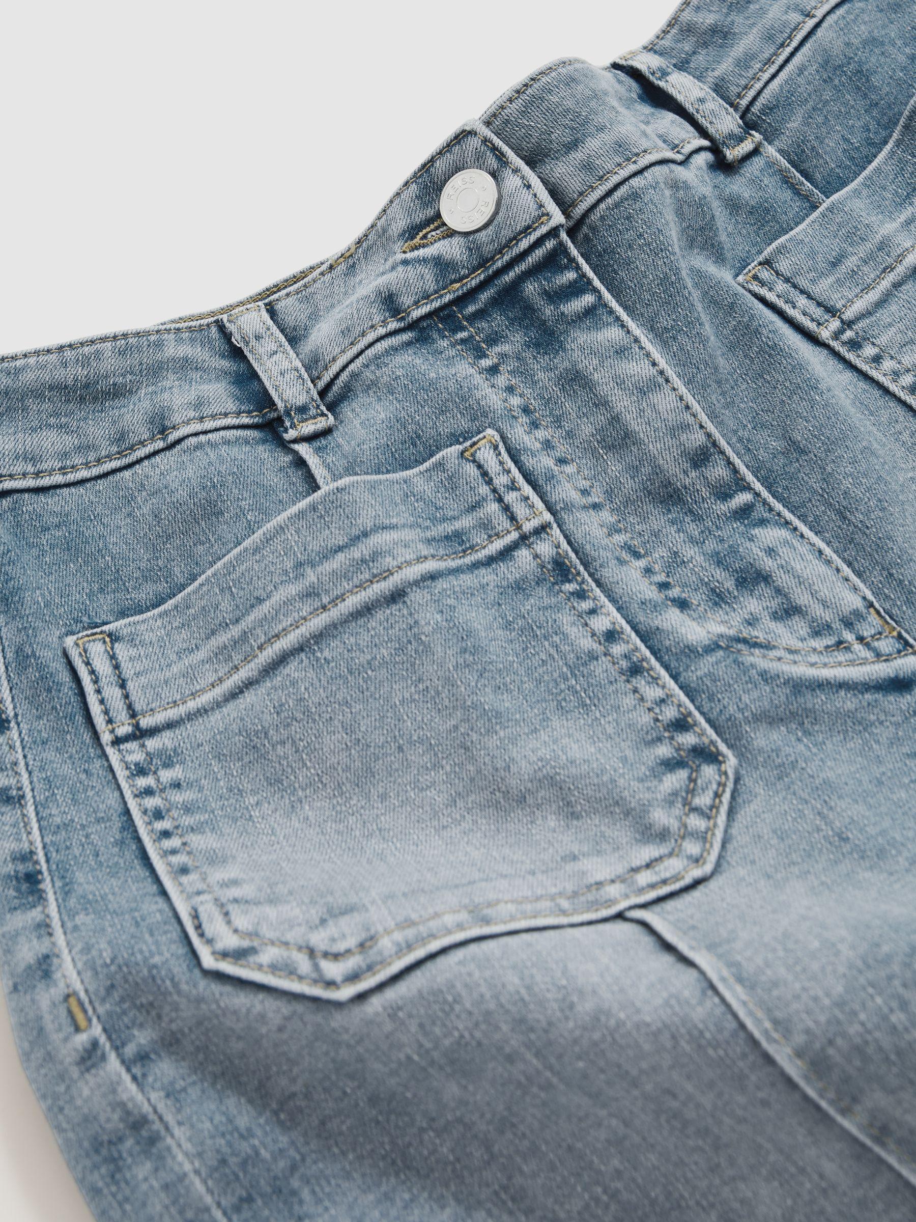 Petite Straight-Leg Patchwork Jeans in Mid Blue Product Image