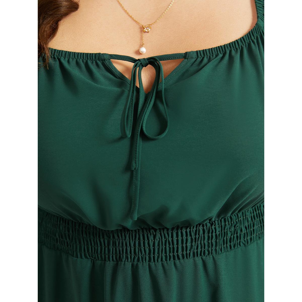 Plus Size Plain Tie Neck Cut Out Shirred Dress DarkGreen Women Elegant Elastic cuffs Square Neck Long Sleeve Curvy Midi Dress BloomChic 26/4X Product Image