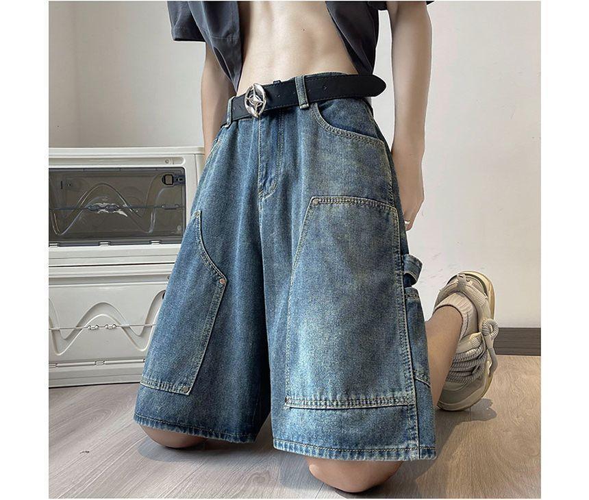 Low Rise Washed Wide Leg Cargo Denim Shorts Product Image