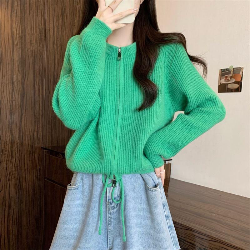 Round Neck Ribbed Zip Cardigan Product Image