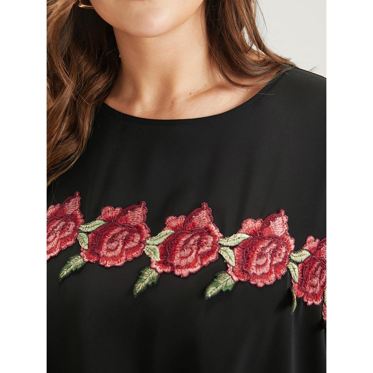 Plus Size Black Plain Ruffles Asymmetrical Hem Dolman Sleeve Embroidered Blouse Women Casual Half Sleeve Round Neck Dailywear Blouses BloomChic 18-20/2X Product Image