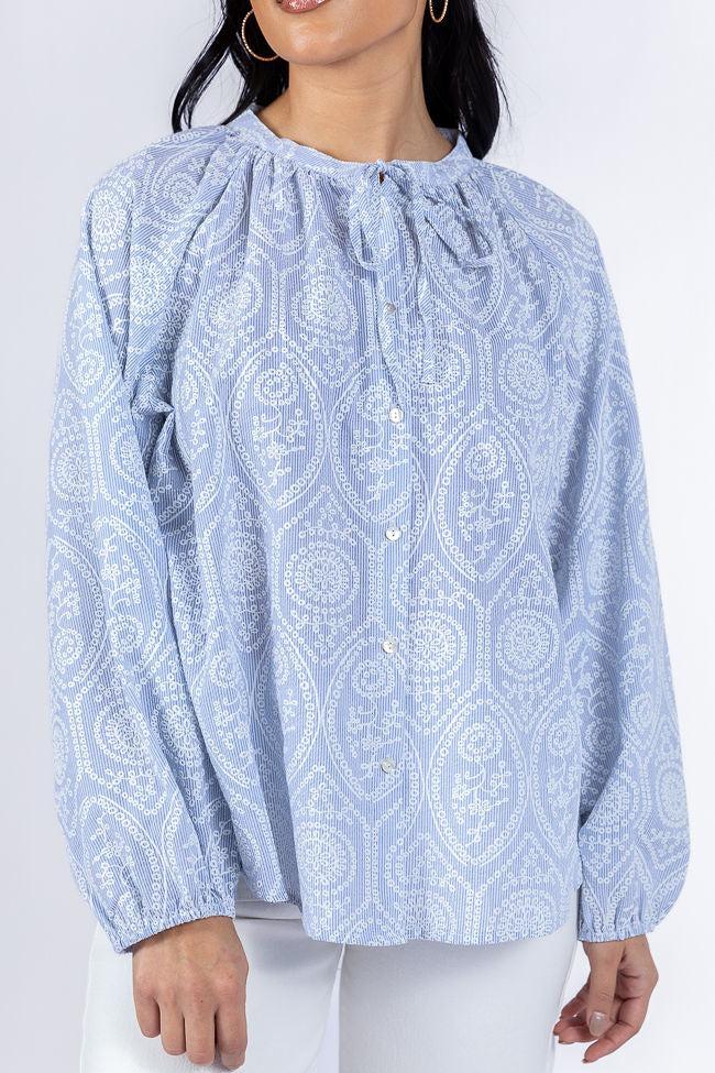 Downtown Delight Blue Embroidered Woven Button Down Blouse SALE Product Image