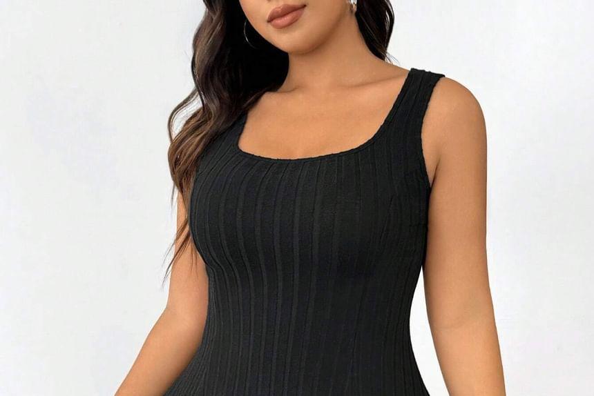 Plus Size Set: Long-Sleeve Hooded Striped Crop Top + Sleeveless A-Line Dress Product Image