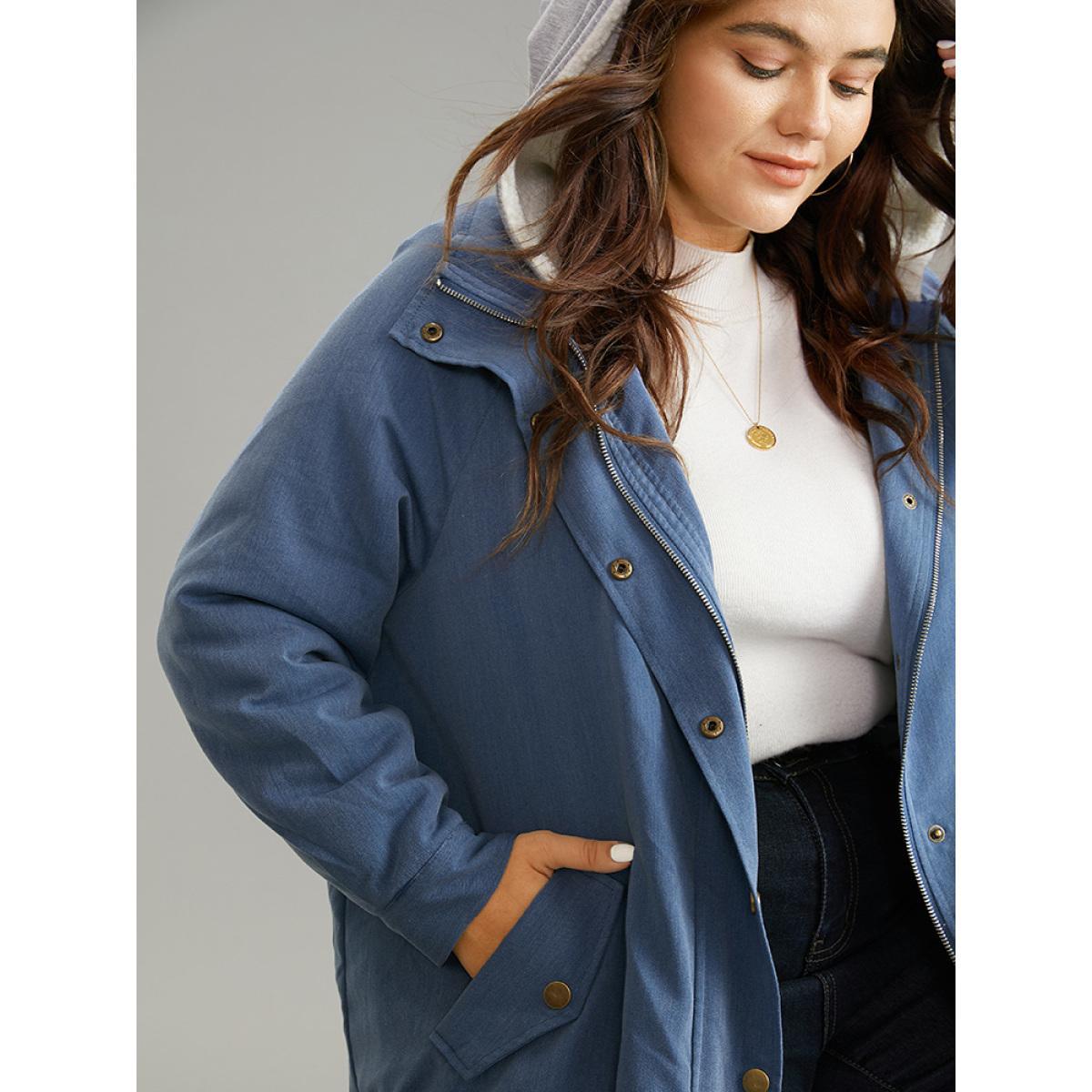 Plus Size Denim Hooded Drawstring Fuzzy Patchwork Jacket Women Blue Lined Pocket Dailywear Jackets BloomChic 26/4X Product Image