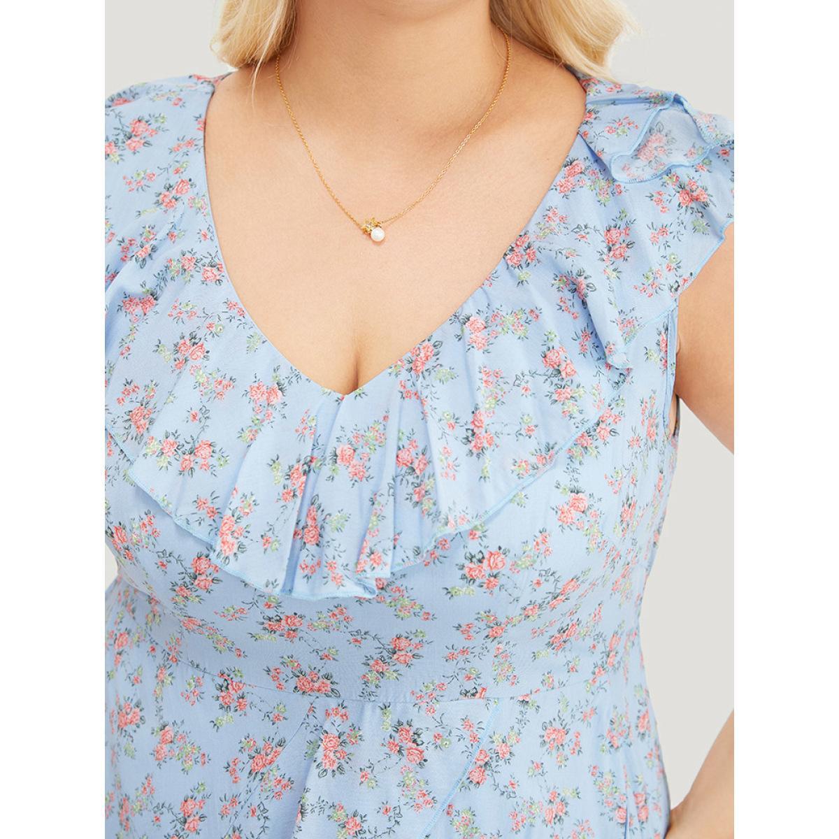 Plus Size Ditsy Floral Ruffle Trim Asymmetrical Hem Pocket Tank Dress LightBlue Women Elegant Elastic Waist V-neck Sleeveless Curvy Midi Dress BloomChic 30/6X Product Image