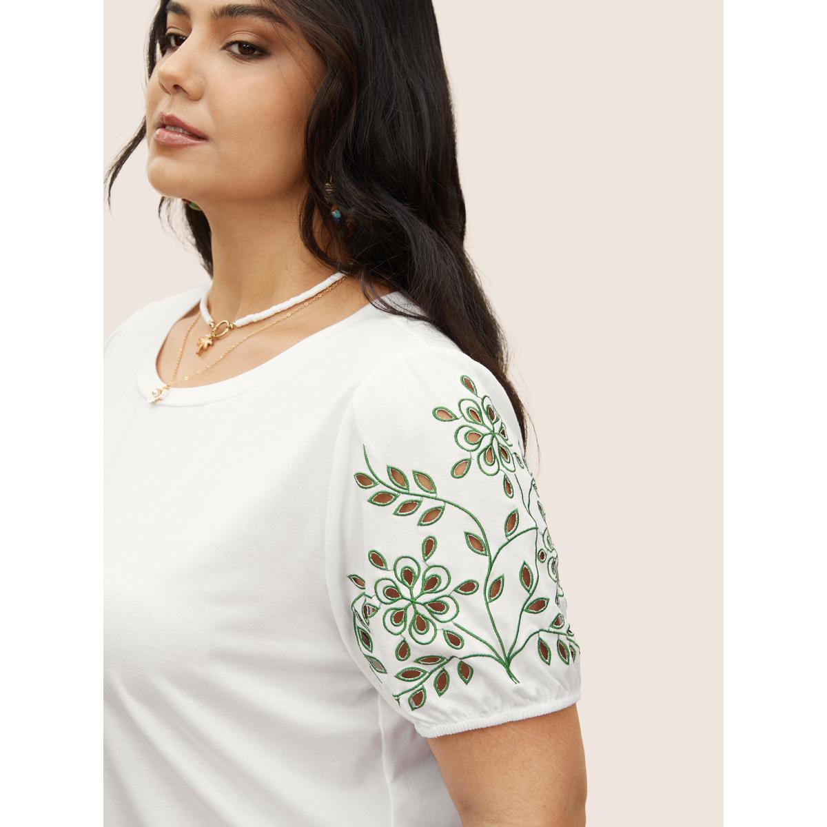 Plus Size Floral Embroidered Round Neck Cut Out T-shirt White Women Resort Contrast Round Neck Vacation T-shirts BloomChic 14-16/1X Product Image