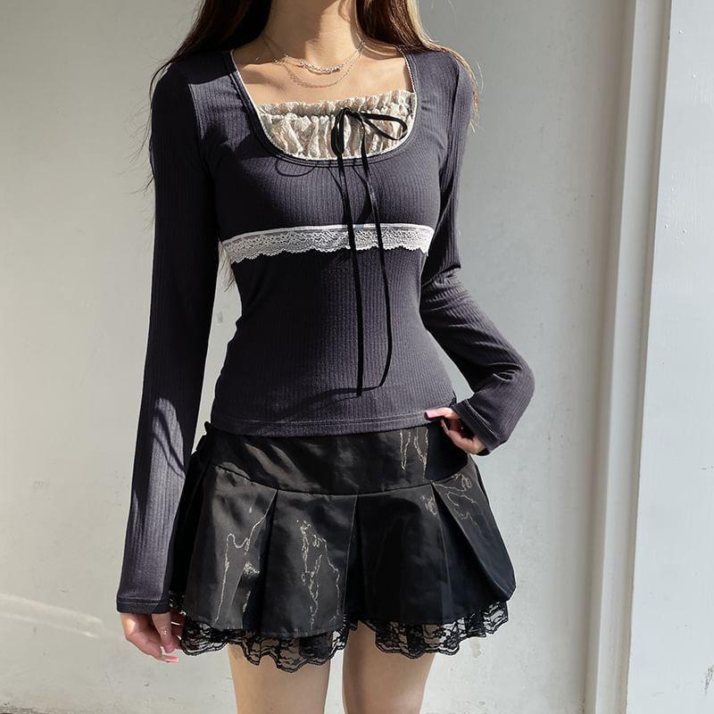 Short Sleeve / Long Sleeve Mock Two Piece Lace-Panel Tie-Front Crop Top Product Image