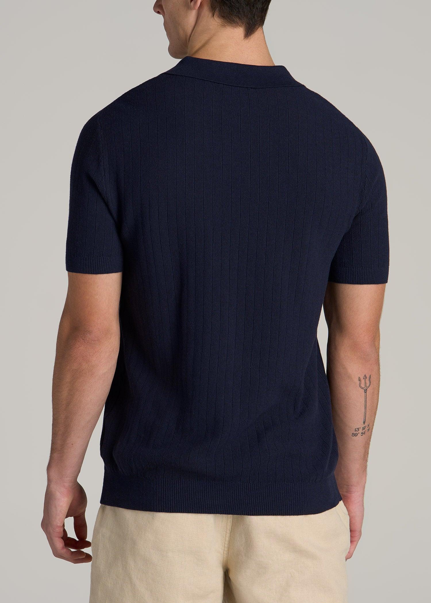 Linen Blend Ribbed Knit Polo Shirt for Tall Men in Evening Blue Product Image
