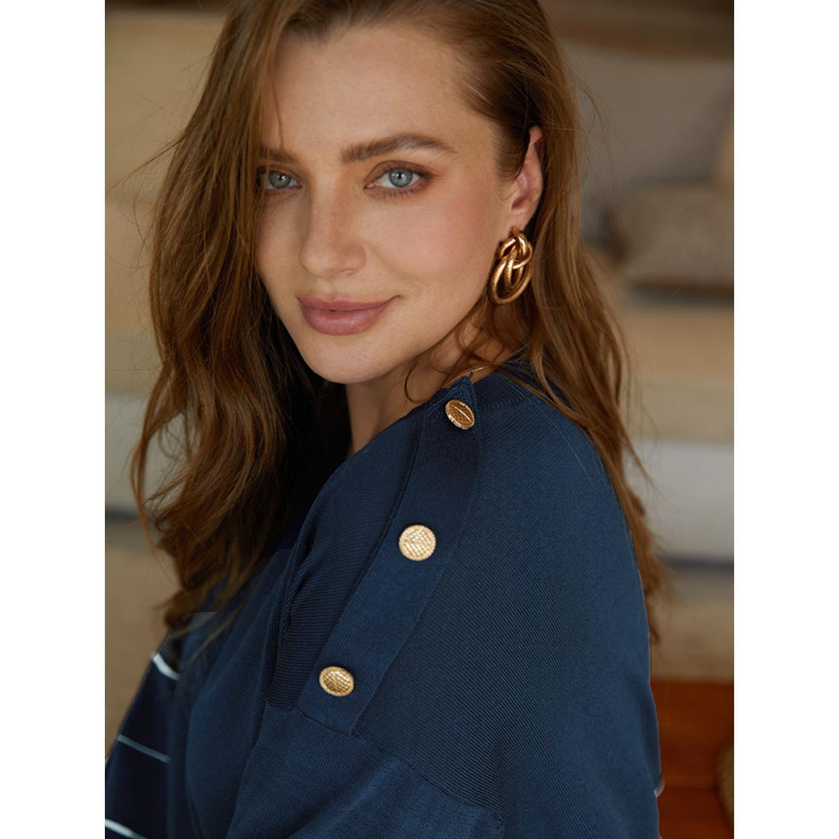 Plus Size Striped Metal Button Detail Elastic Cuffs Pullover Navy Women Casual Loose Long Sleeve Round Neck Everyday Pullovers BloomChic 30/6X Product Image