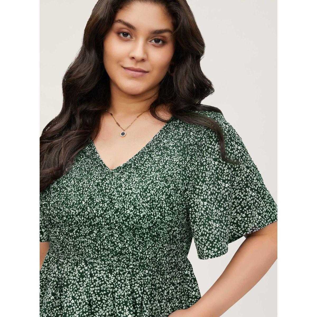 Plus Size DarkGreen Ditsy Floral Shirred Ruffle Sleeve Elastic Waist Blouse Women Elegant Short sleeve V-neck Everyday Blouses BloomChic 22-24/3X Product Image