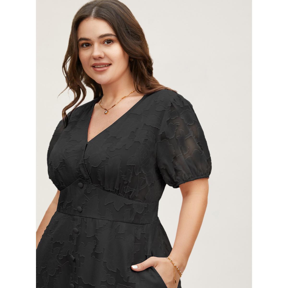 Plus Size Solid Textured Lantern Sleeve Button Detail Dress Black Women Elegant Button V-neck Short sleeve Curvy BloomChic 14-16/1X Product Image