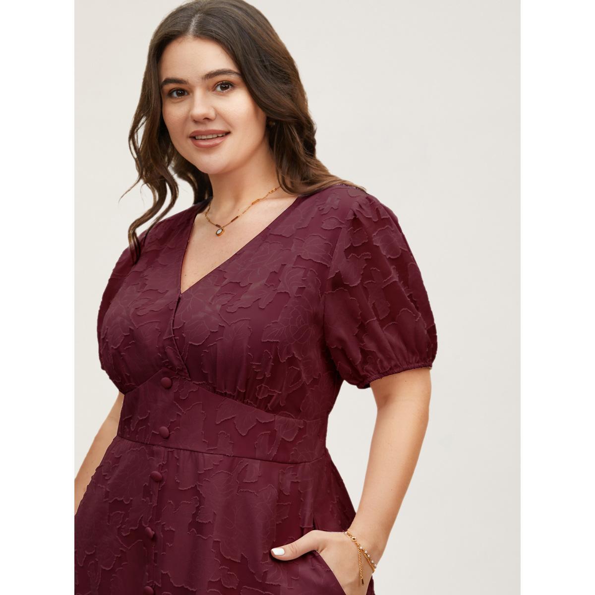 Plus Size Solid Textured Lantern Sleeve Button Detail Dress Burgundy Women Elegant Button V-neck Short sleeve Curvy BloomChic 10/M Product Image