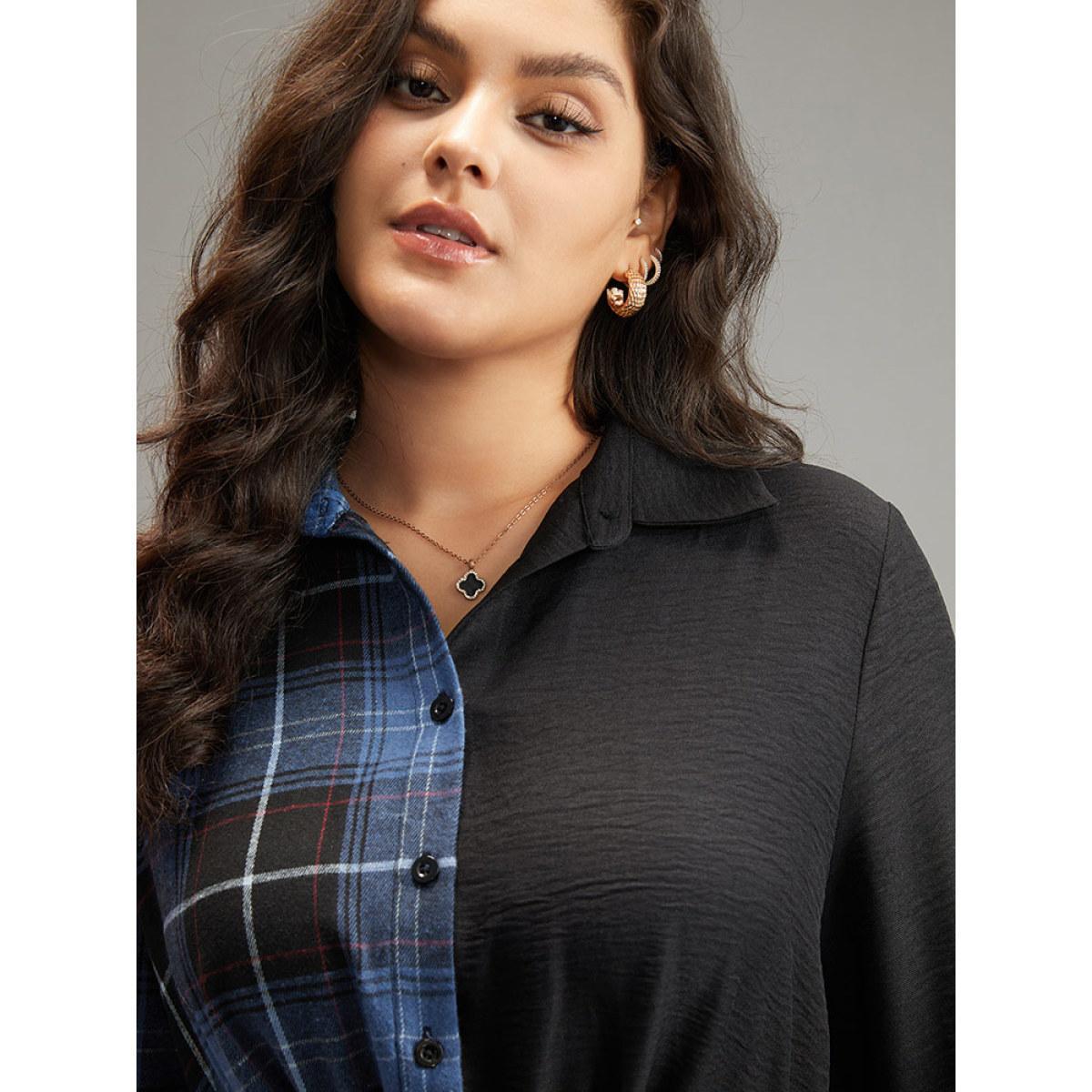 Plus Size Plaid Patchwork Button Through Pocket Dress Multicolor Women Office Contrast Shirt collar Long Sleeve Curvy Midi Dress BloomChic 28/5X Product Image