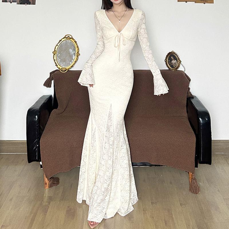 Bell Sleeve V-Neck Lace Panel Bow Accent Maxi Dress Product Image