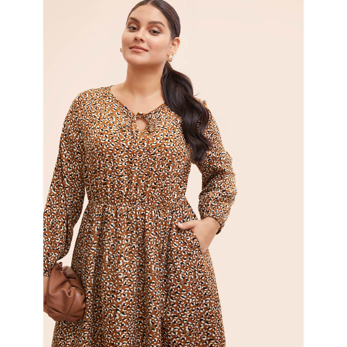 Plus Size Leopard Print Tie Knot Midi Dress Yellowishbrown Women At the Office Tie knot V-neck Long Sleeve Curvy BloomChic 10/M Product Image
