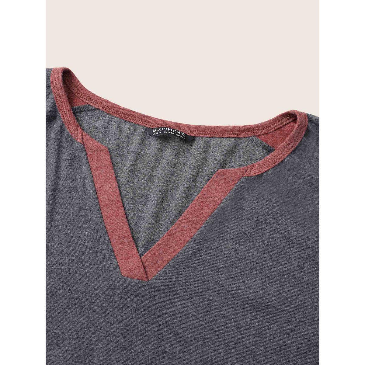 Plus Size Colorblock Patchwork Batwing Sleeve Notched T-shirt Gray Women Casual Contrast Plain Notched collar Everyday T-shirts BloomChic 12/L Product Image