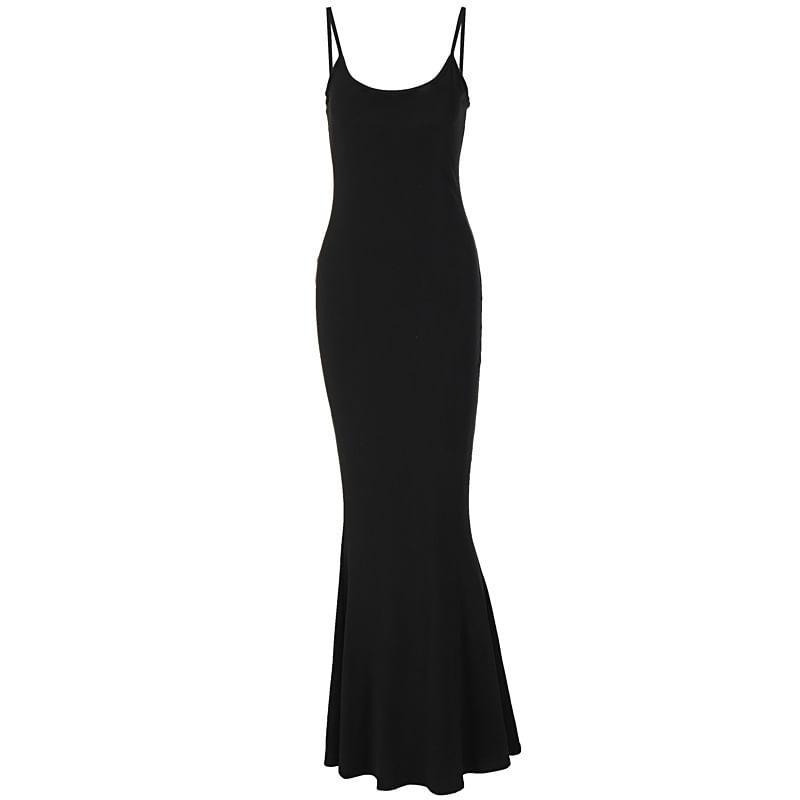 Spaghetti-Strap Plain Maxi Sheath Dress Product Image