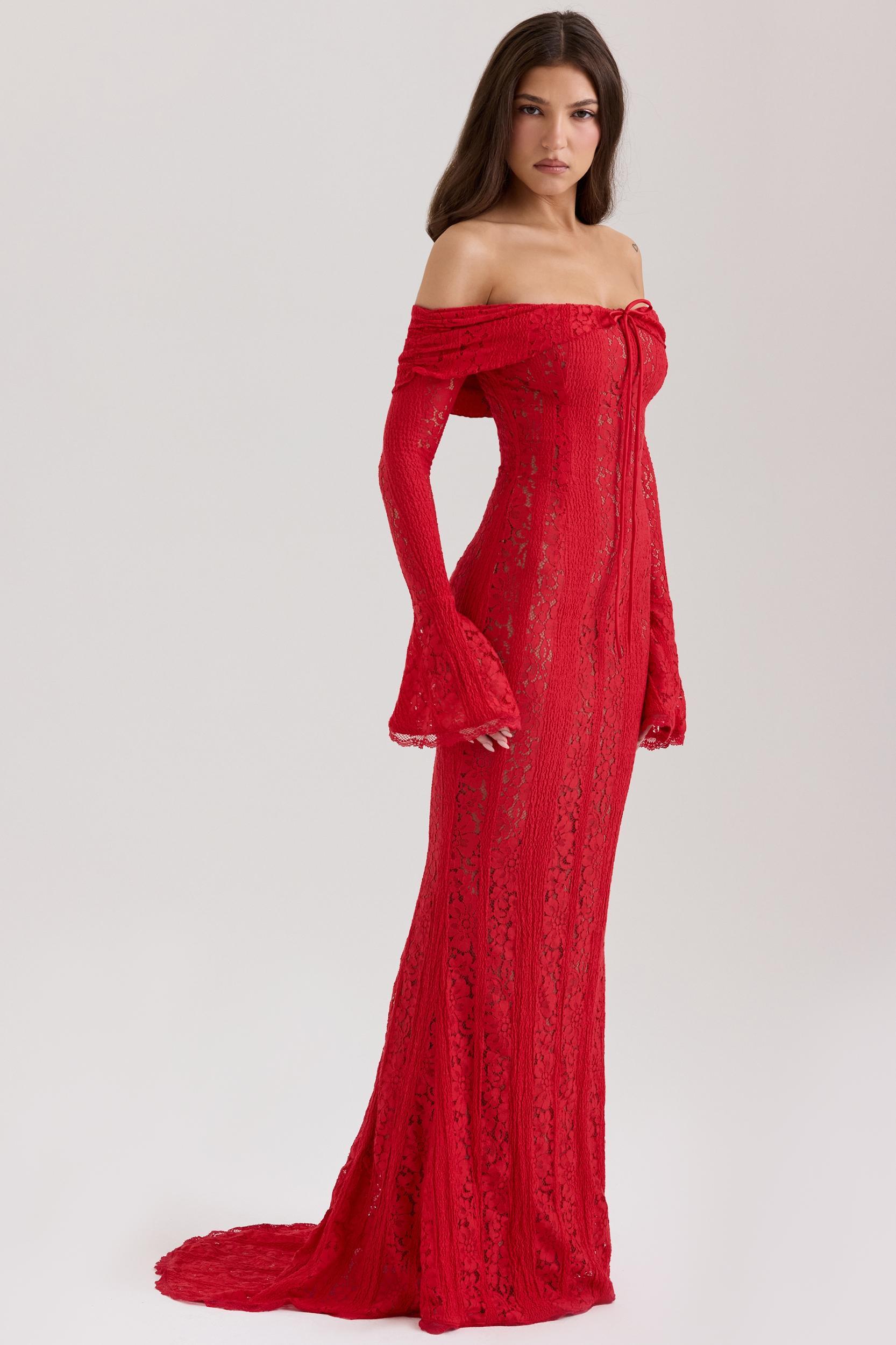 Belle  red off shoulder floral lace maxi dress Product Image
