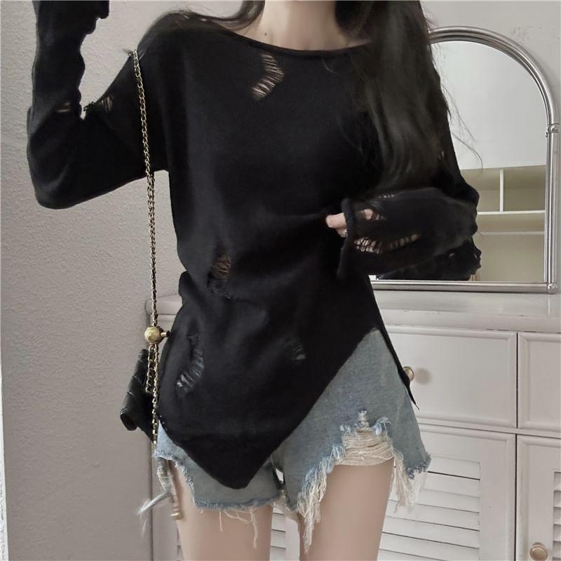 Long-Sleeve Boat Neck Plain Asymmetrical Distressed Knit Top Product Image