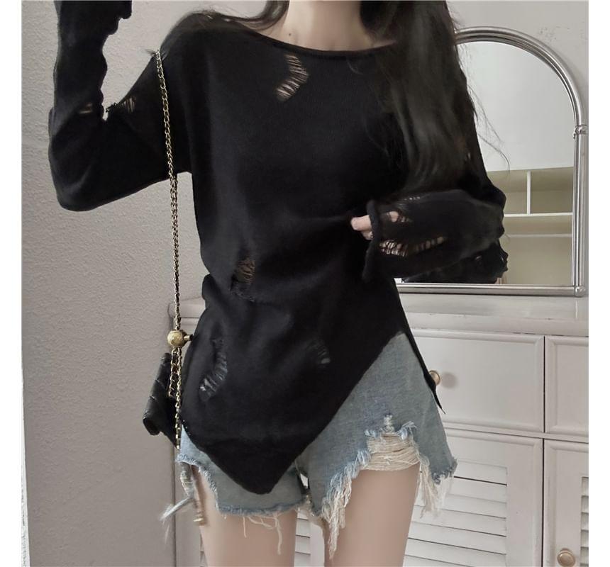 Long-Sleeve Boat Neck Plain Asymmetrical Distressed Sheer Slim Fit Knit Top Product Image