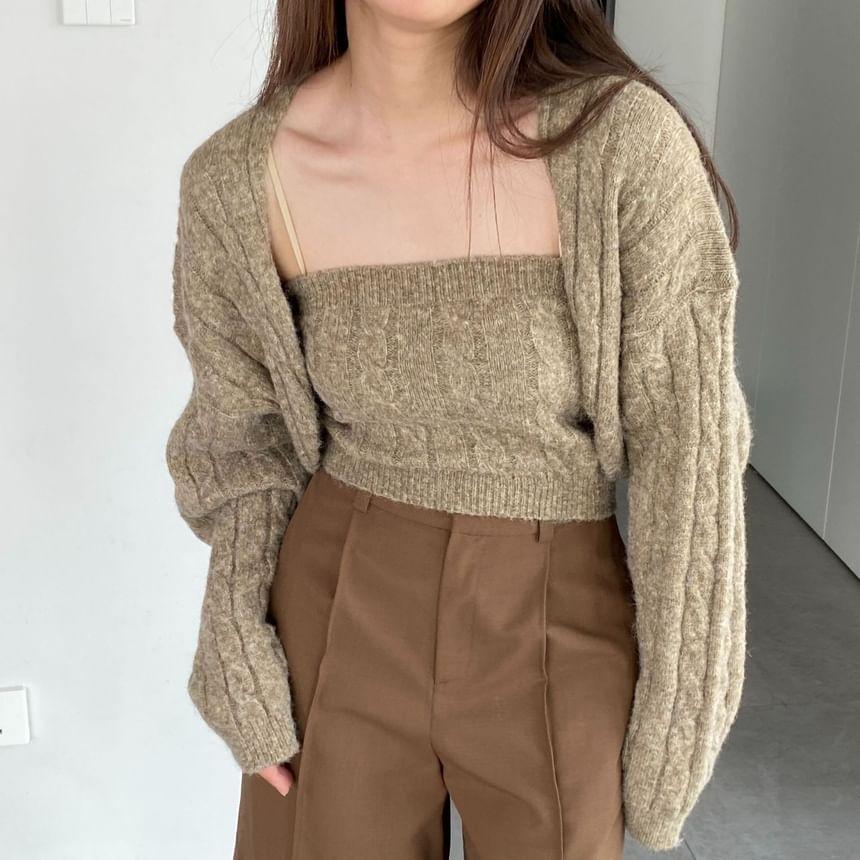 Set: Plain Cable-Knit Cardigan +  Tube Top Product Image