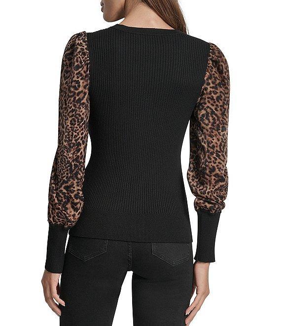 DKNY by Donna Karan Knit Mix Media Cheetah Print Puff Long Sleeve Top Product Image
