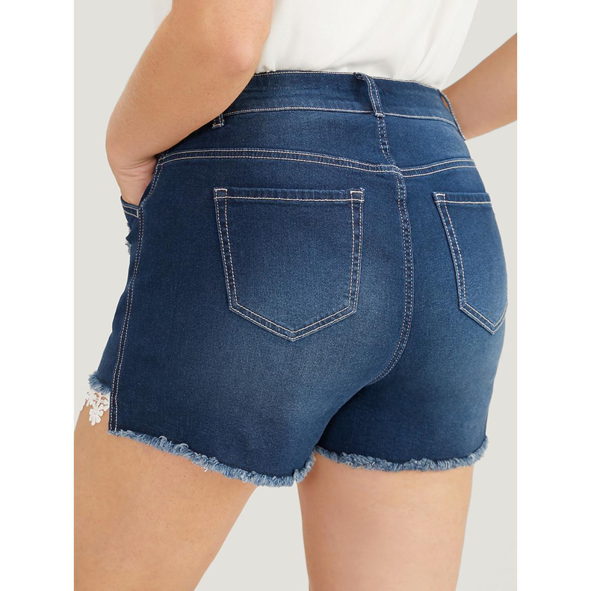 Plus Size Moderately Stretchy Ripped Lace Raw Hem Denim Shorts Women DarkBlue Medium stretch Dailywear Pocket Elegant Denim Shorts BloomChic 16/1X Product Image