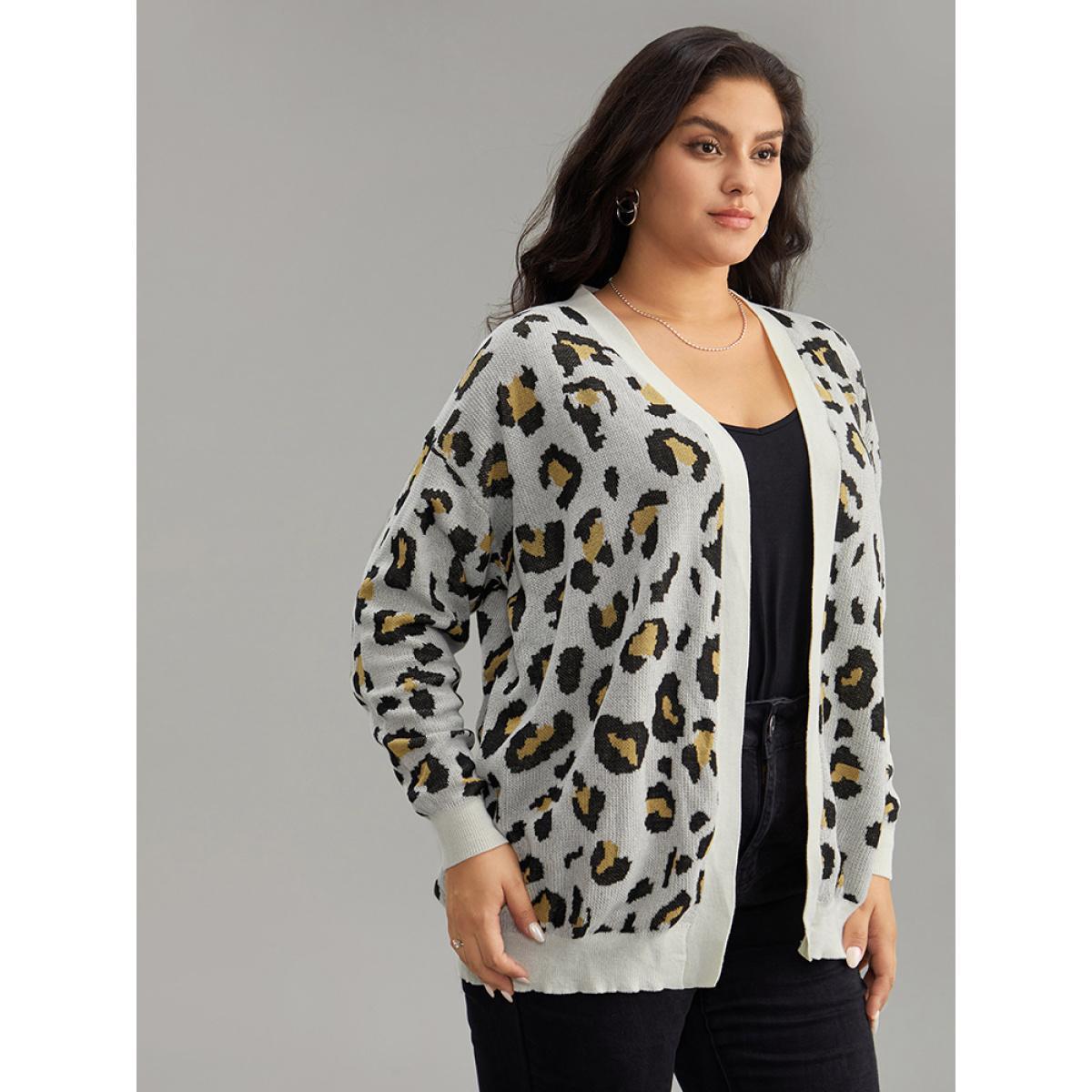 Plus Size Leopard Print Elastic Cuffs Cardigan Leopard Women Casual Loose Long Sleeve Dailywear Cardigans BloomChic 28/5X Product Image