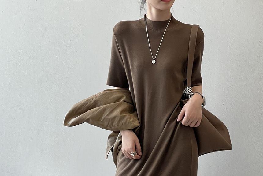 Short-Sleeve Mock Neck Plain Midi Knit Dress Product Image