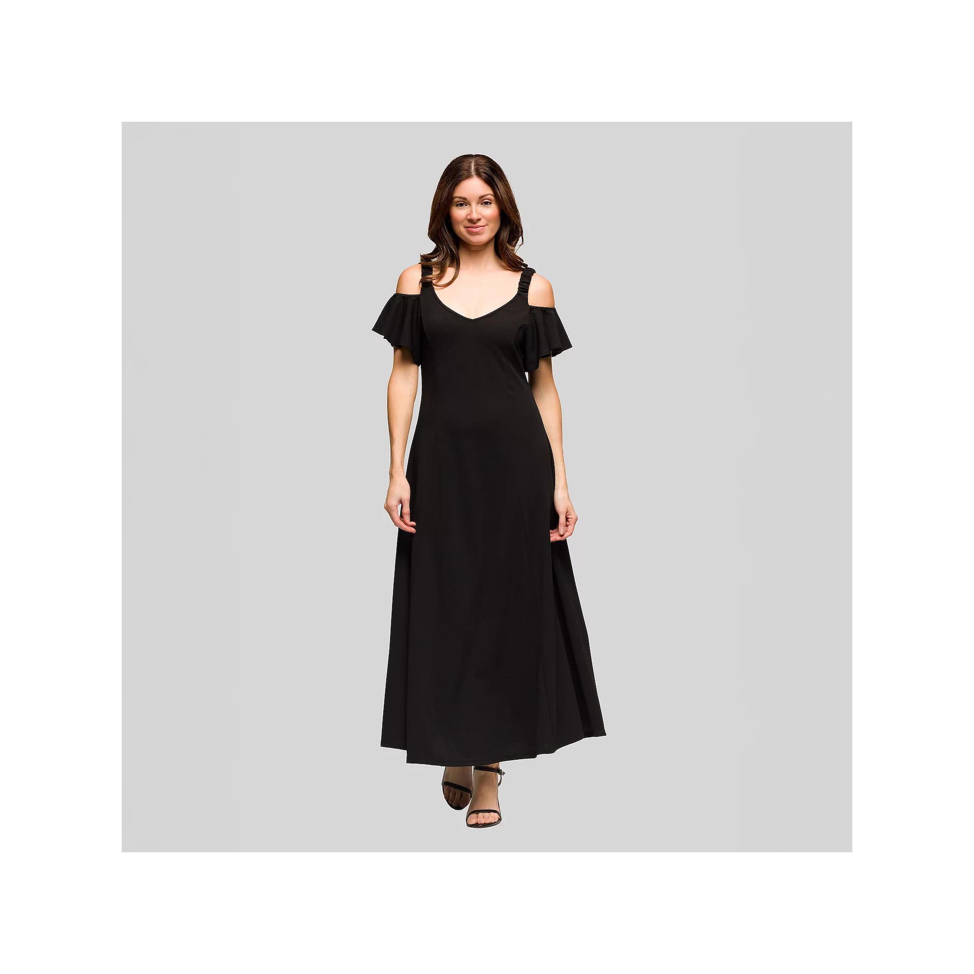 Women's 24Seven Comfort Apparel Cold Shoulder Ruffle Sleeve A-Line Maxi Dress, Size: 1XL, Blue Product Image