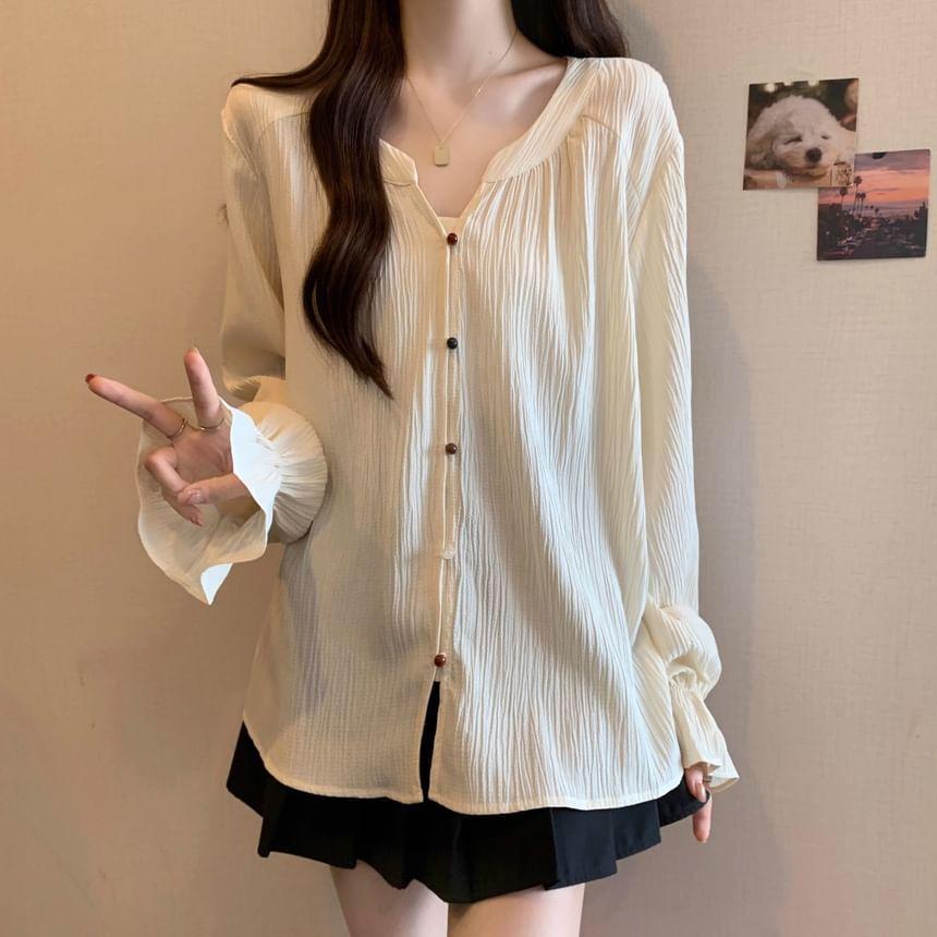 Long-Sleeve Notch Neck Plain Blouse Product Image