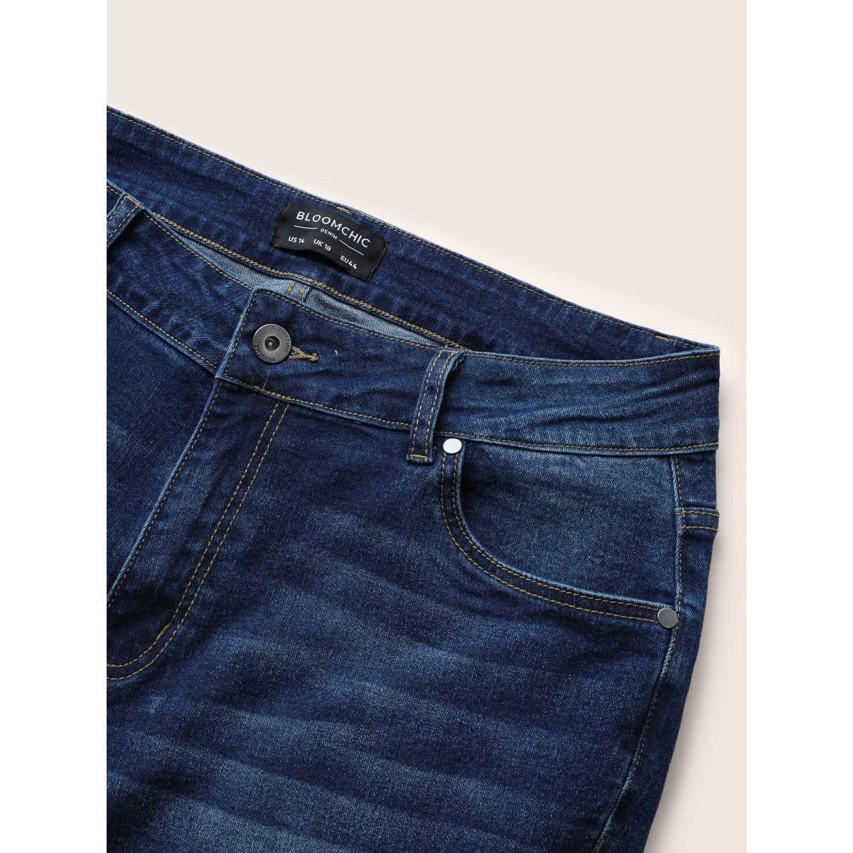 Plus Size Medium Wash Wide Leg High Stretch Jeans Women Blue Casual Plain Button High stretch Slanted pocket Jeans BloomChic 18/2X Product Image