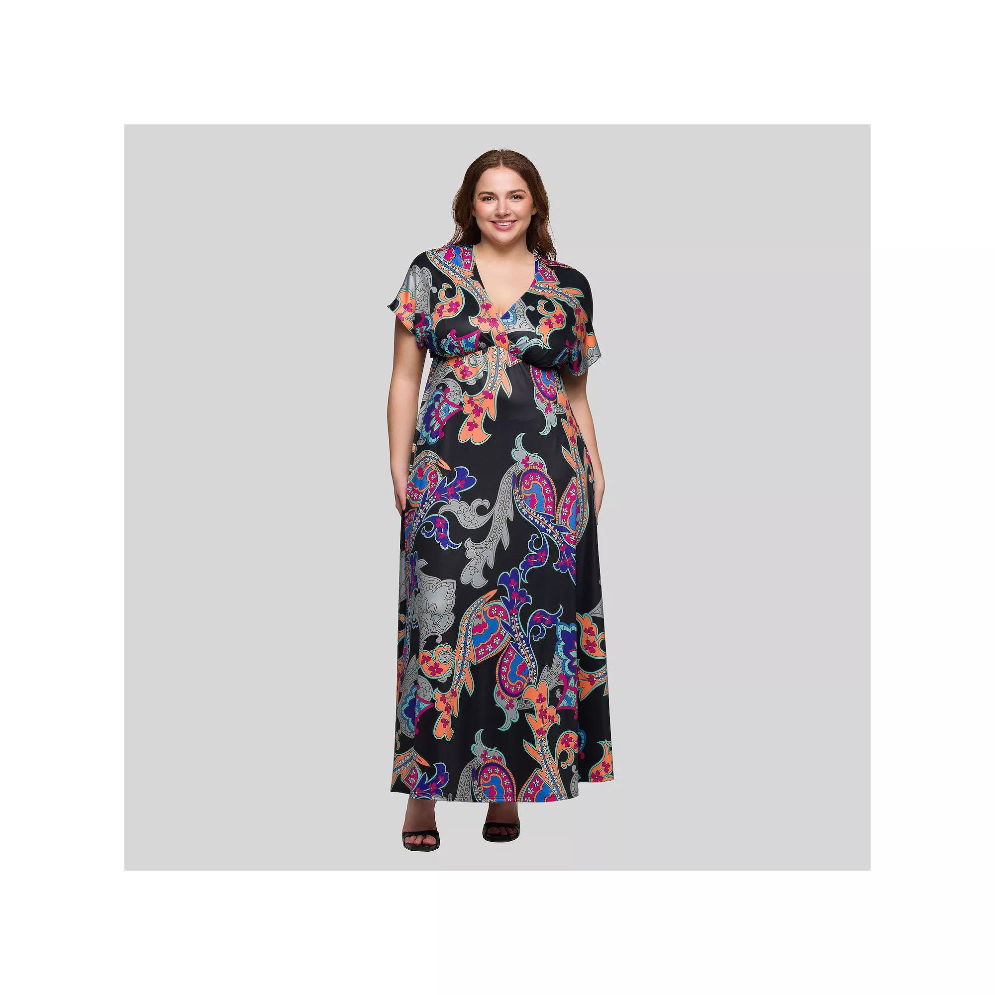 Plus Size 24Seven Comfort Apparel V-Neck Empire Waist Cap Sleeve Maxi Dress, Women's, Size: 2XL, Black Team Product Image