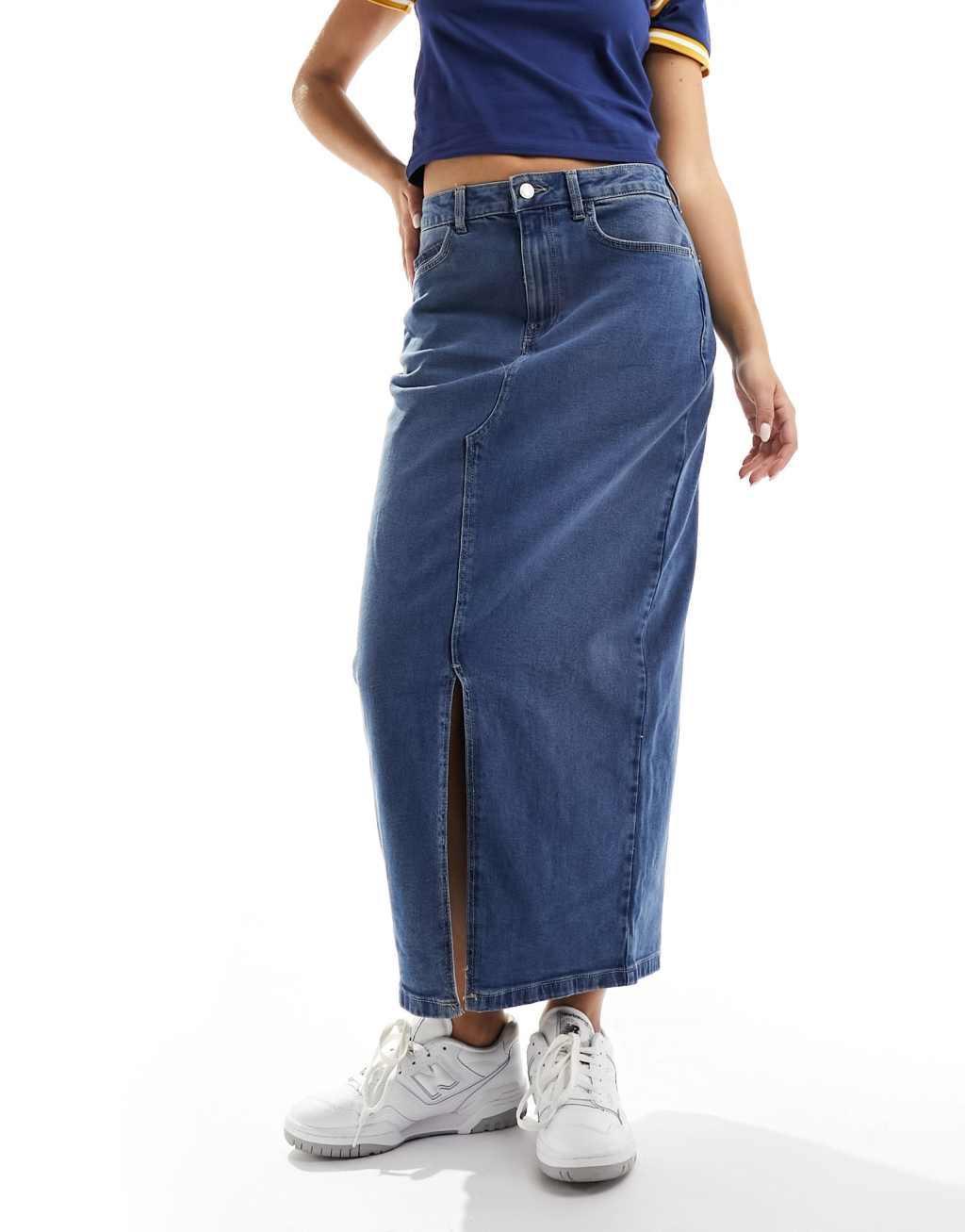 Noisy May front split denim maxi skirt in mid wash blue  Product Image