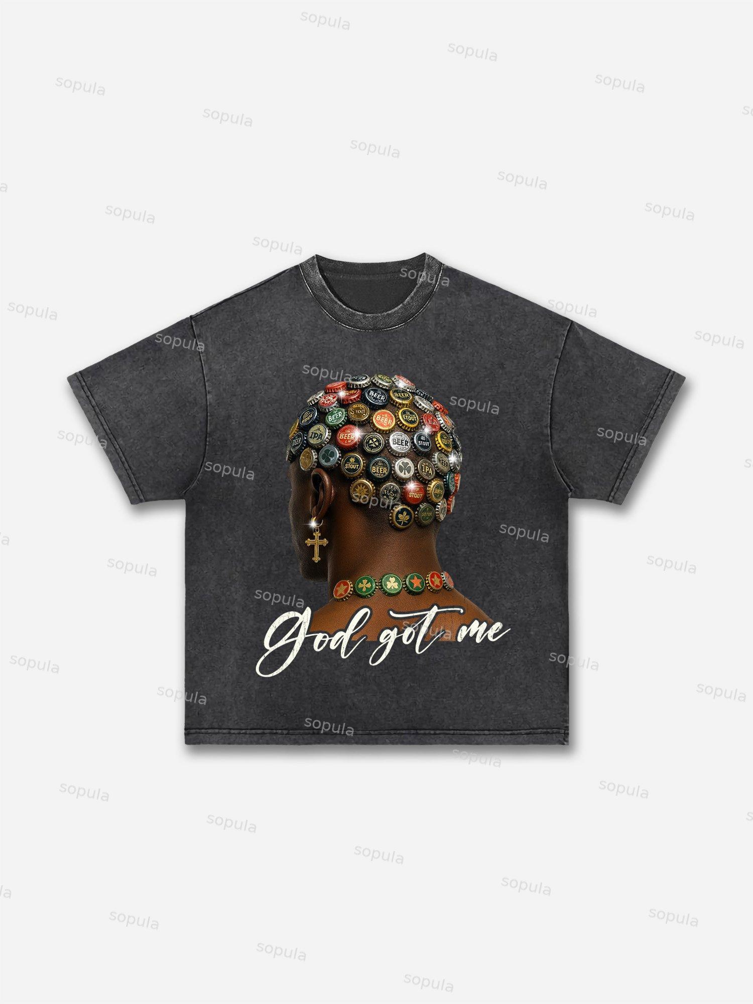 God Got Me Shining Cross And Beer Bottle Cap Hairstyle Vintage Graphic Acid Wash T-shirt Product Image