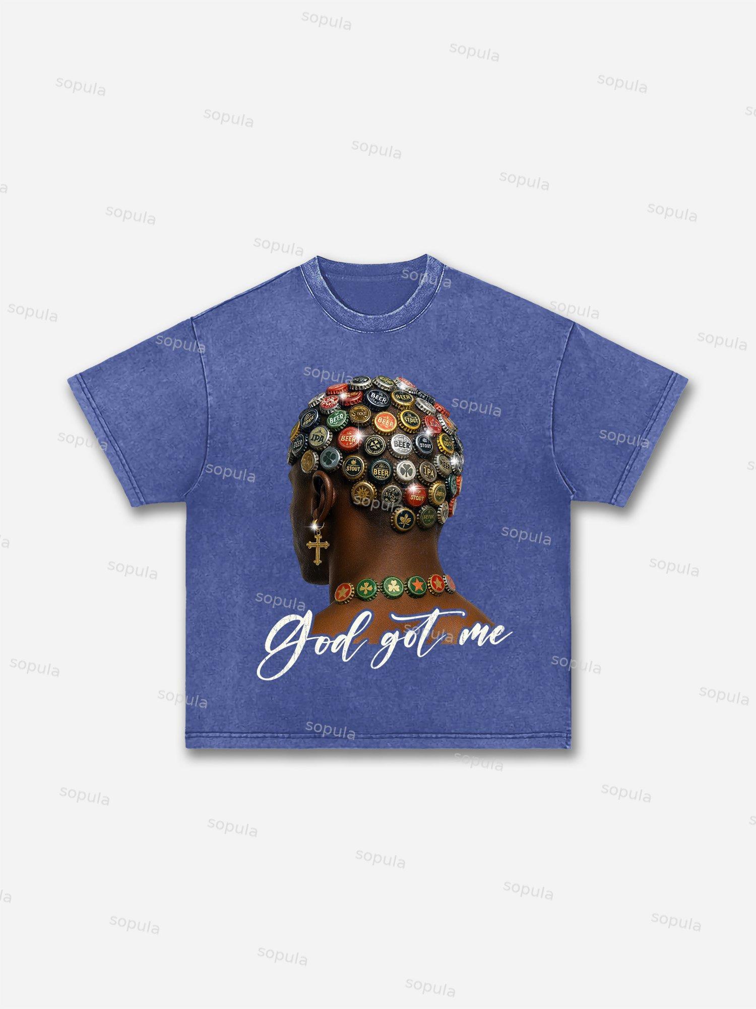 God Got Me Shining Cross And Beer Bottle Cap Hairstyle Vintage Graphic Acid Wash T-shirt Product Image