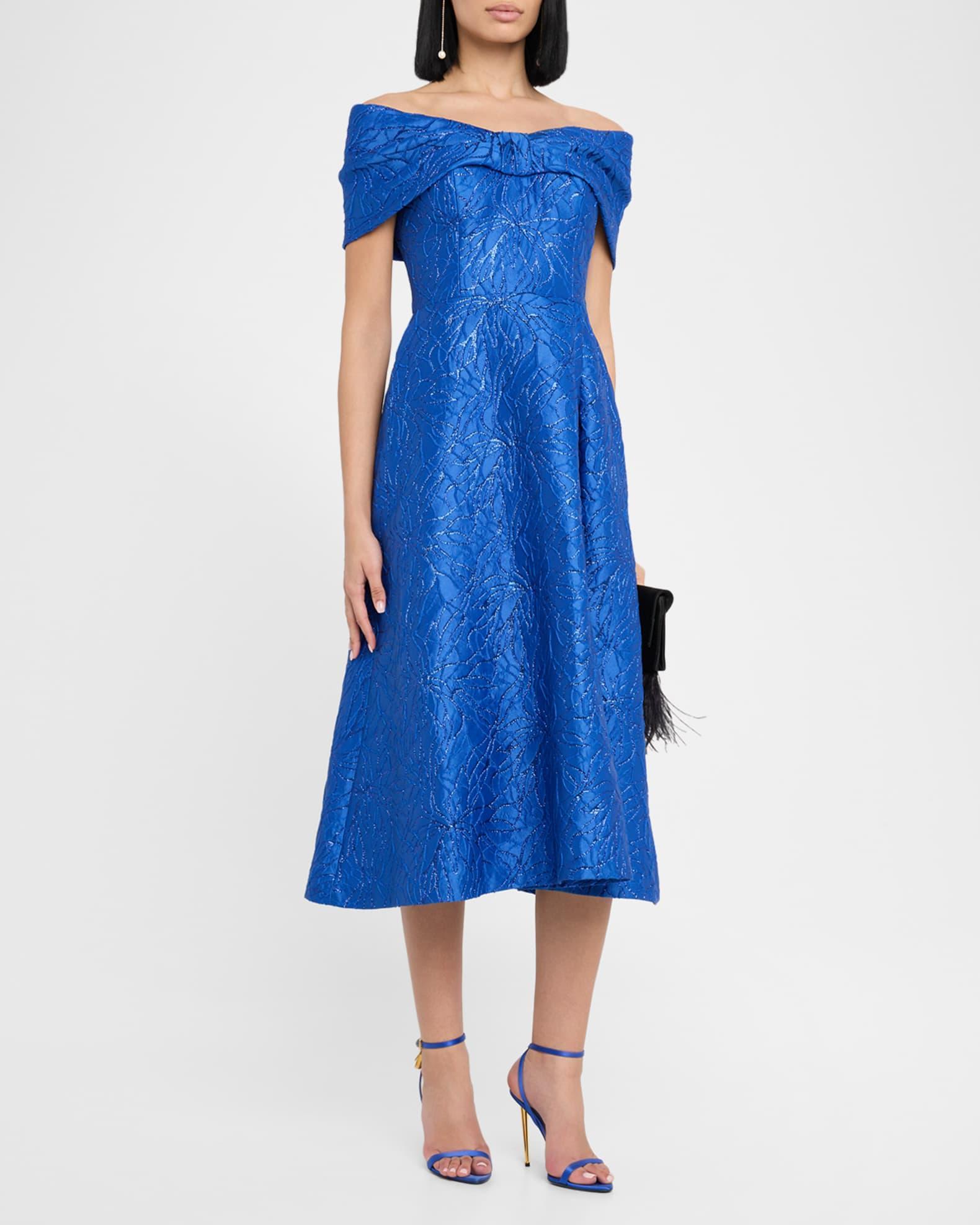 Off-Shoulder Floral Jacquard Midi Dress Product Image