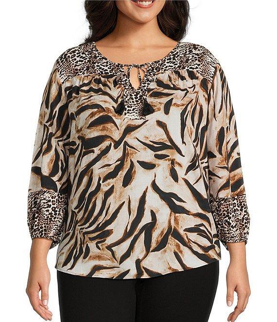Westbound Plus Size Woven Mocha Sandy Leopard 3/4 Sleeve V-Neck Tie Blouse Product Image