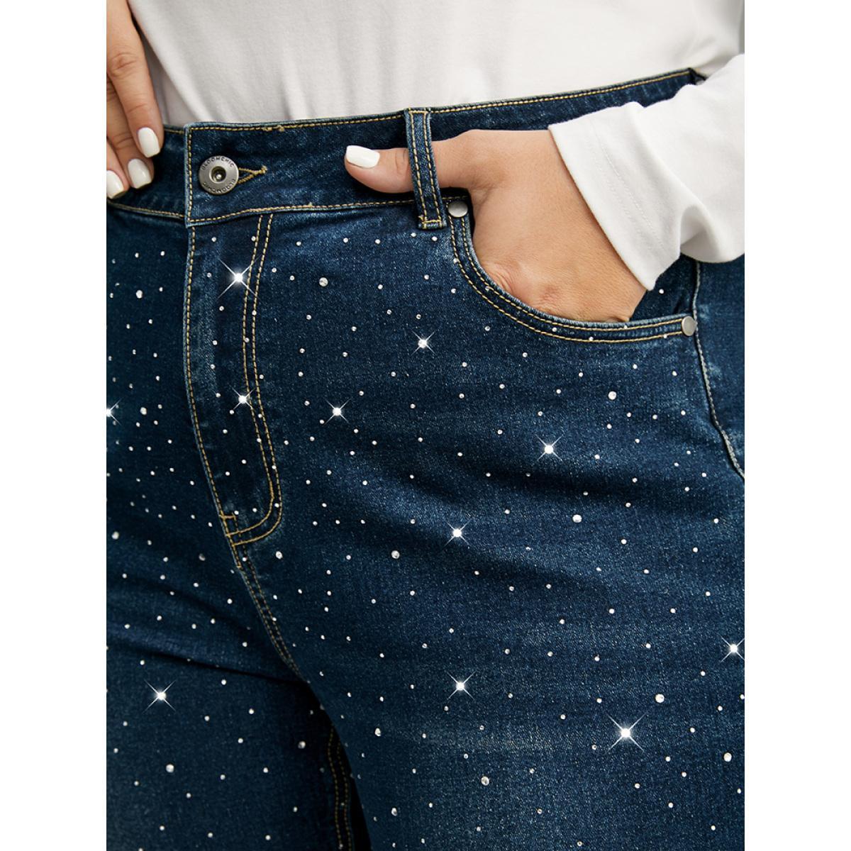 Plus Size Rhinestone Detail Dark Wash Straight Leg Jeans Women DarkBlue Casual Plain Rhinestone detailing High stretch Pocket Jeans BloomChic 16/1X Product Image