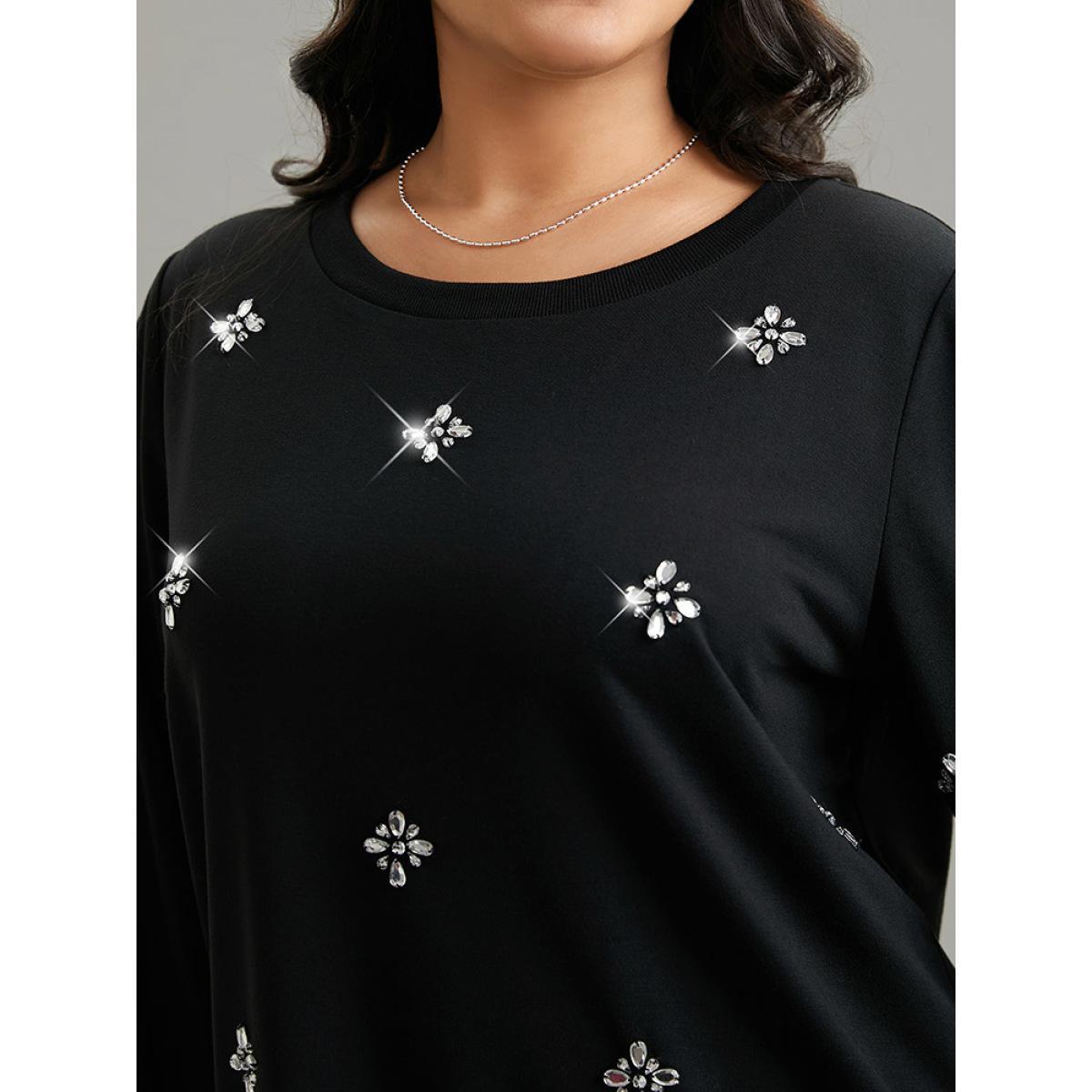Plus Size Beaded Floral Elastic Cuffs Sweatshirt Women Black Elegant Beaded Round Neck Dailywear Sweatshirts BloomChic 10/M Product Image