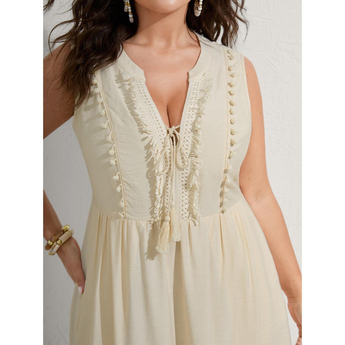 Plus Size Pure Cotton Tassels Lace Midi Dress Apricot Women Woven ribbon&lace trim Flat collar with V-notch Sleeveless Curvy BloomChic 28/5X Product Image