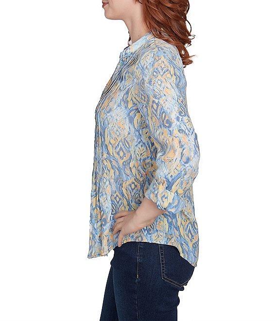 Ruby Rd. Woven Printed Band V-Neck 3/4 Roll-Tab Sleeve Pleated Top Product Image