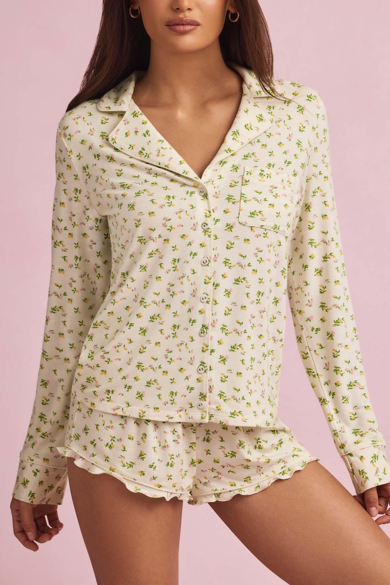 Modal Long-Sleeve Pyjama Top in Lemon Print Product Image