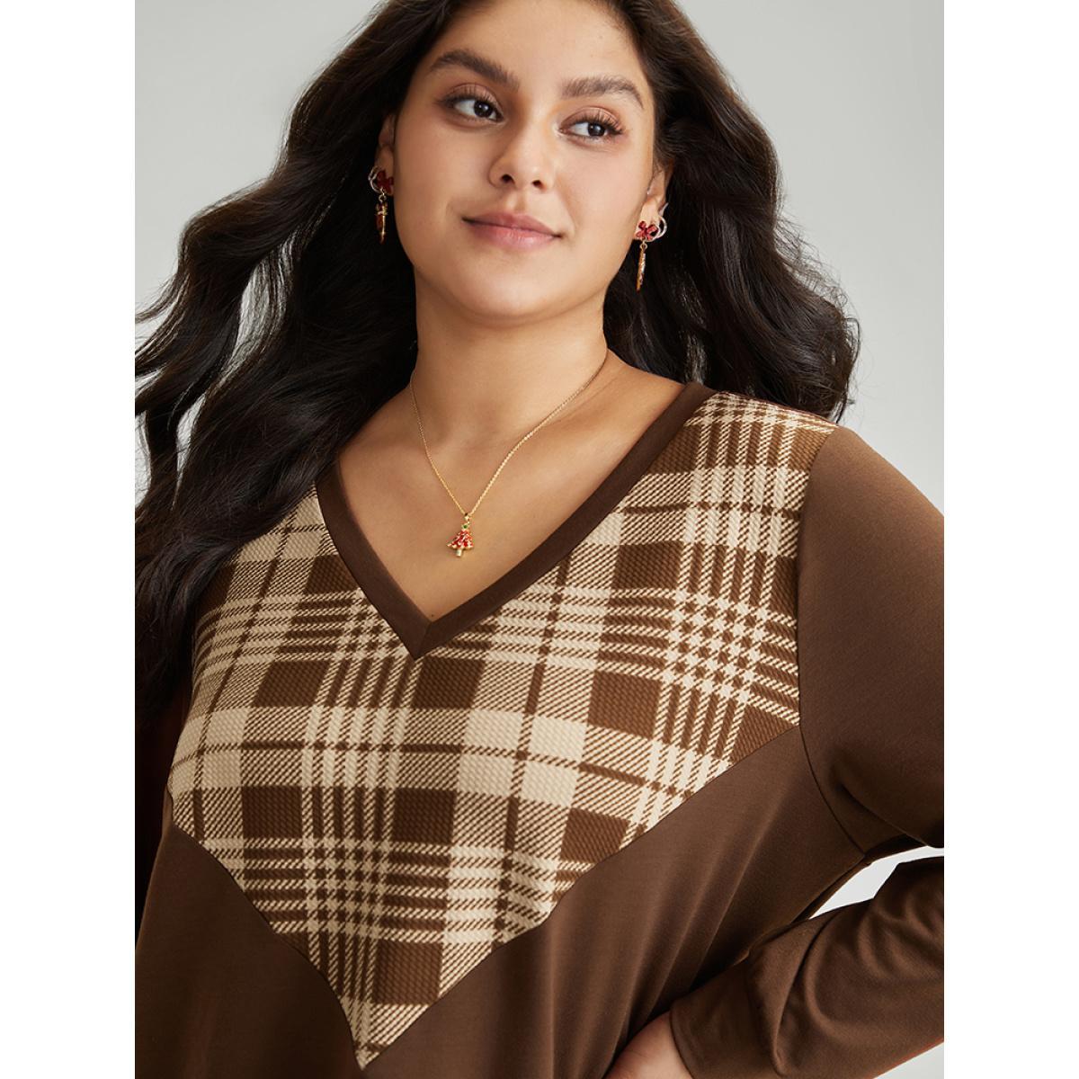 Plus Size Plaid V Neck Patchwork Elastic Cuffs Sweatshirt Women DarkBrown Casual Contrast V-neck Festival-Christmas Sweatshirts BloomChic 30/6X Product Image
