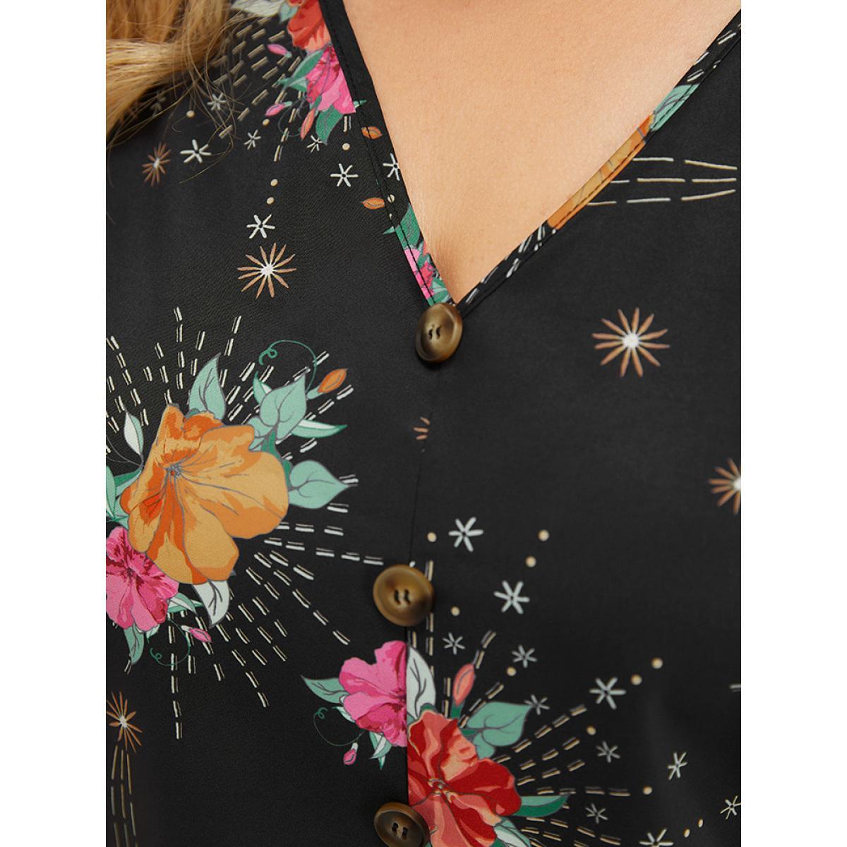 Plus Size BlackFlower Floral Shirred Puff Sleeve Blouse Women Glamour Short sleeve V-neck Going out Blouses BloomChic 14-16/1X Product Image