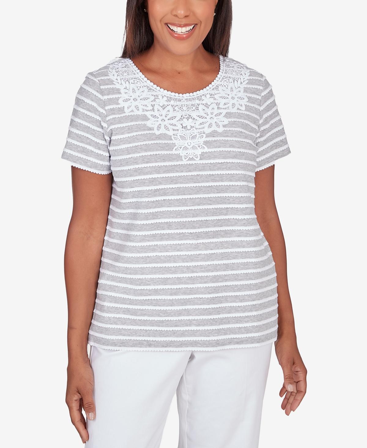 Womens Alfred Dunner Lace Neck Striped Split Hem Tee Grey Gray Product Image