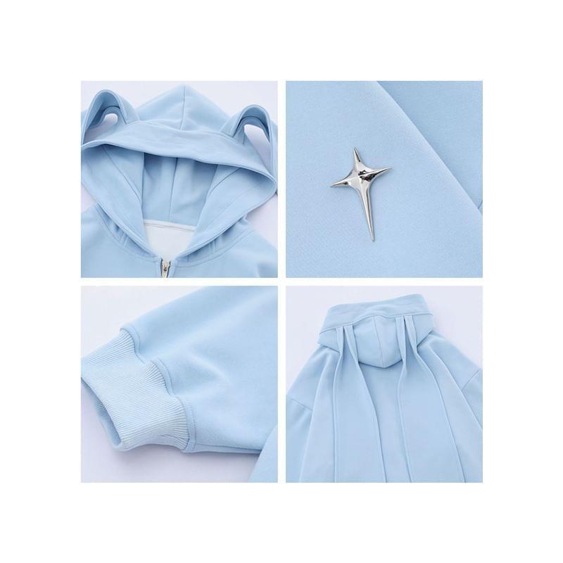 Couple Matching Plain Rabbit Ear Zip Hoodie Product Image