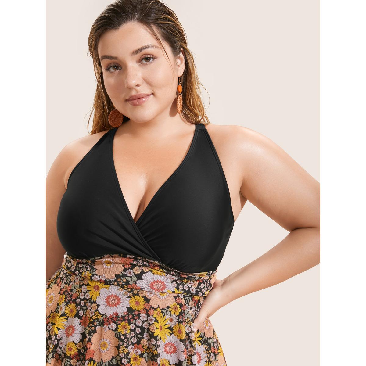 Plus Size Natural Flowers Patchwork Mesh Gathered Swim Dress Women's Swimwear Multicolor Beach Bodycon V-neck High stretch Curve Swim Dresses BloomChic 18-20/2X Product Image