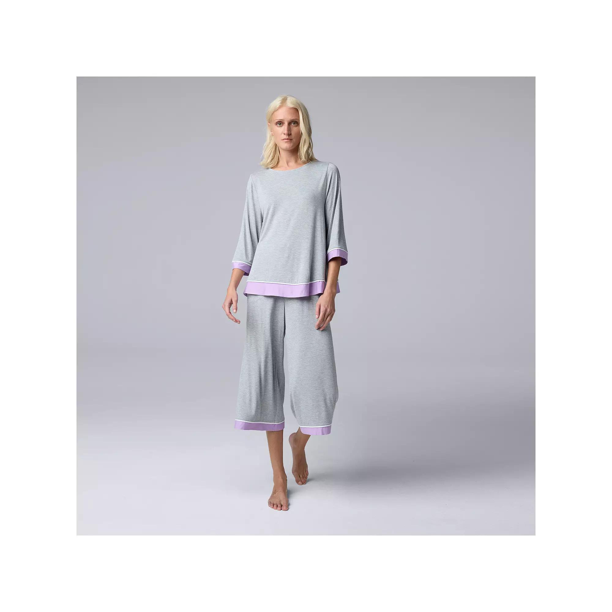 Womens Simply Vera Vera Wang 3/4 Sleeve Crewneck Pajama Top & Pajama Capris Set Grey Grey Product Image
