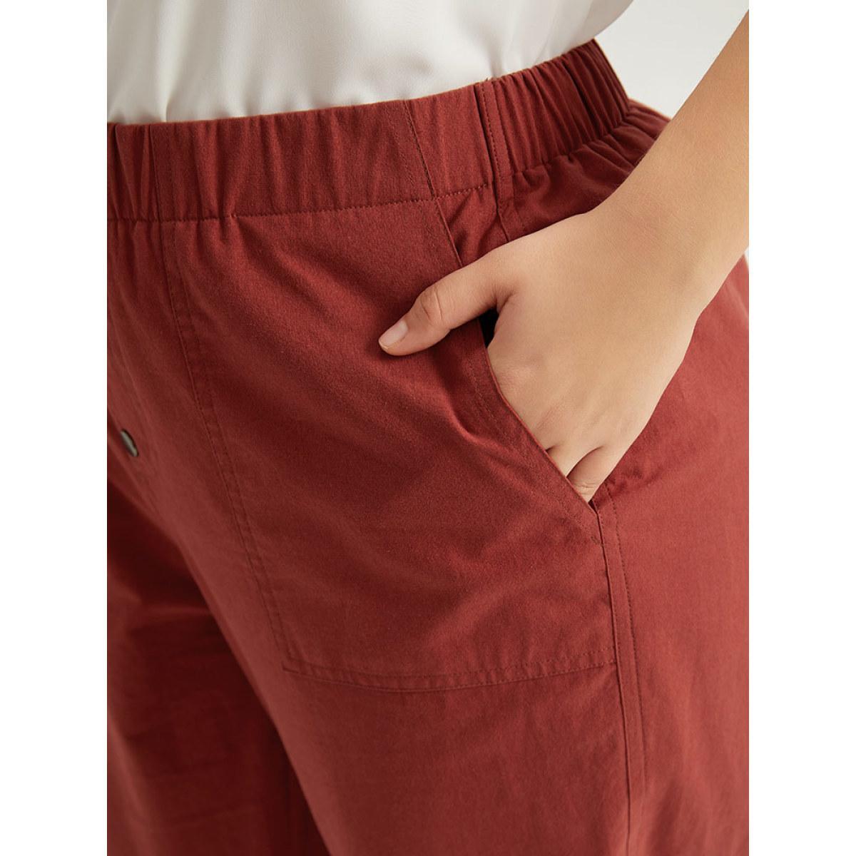 Plus Size Plain Button Up Pocket Straight High Rise Leg Pants Women Russet Casual Straight Leg High Rise Everyday Pants BloomChic 10/M Product Image